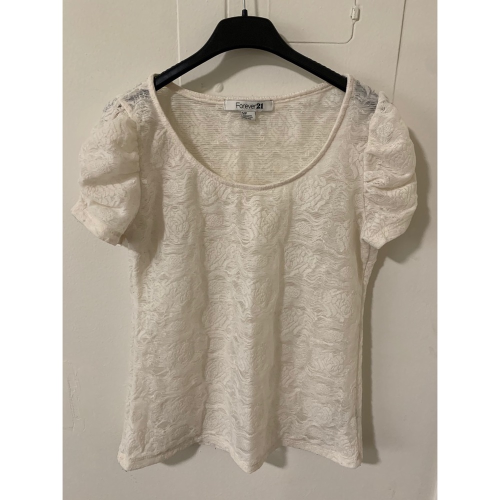 Forever 21 Ruched Puff Sleeve Cream Top, Size S